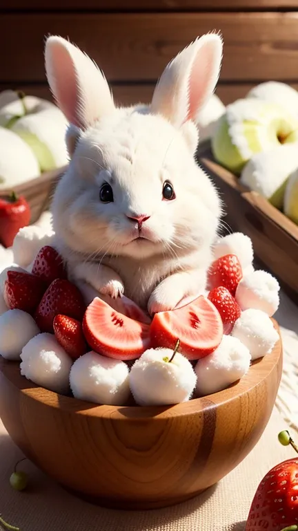 :3. Snow-white rabbit, actual, hairy, animals in clothes, apple, Bear, Teak, cherry, food, fruit, whole body, have, non-human, strawberry, tomato, watermelon