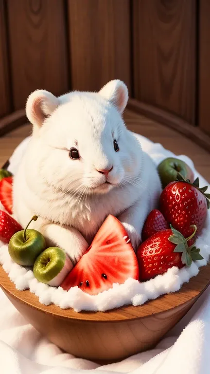 :3. Snow-white rabbit, actual, hairy, animals in clothes, apple, Bear, Teak, cherry, food, fruit, whole body, have, non-human, strawberry, tomato, watermelon