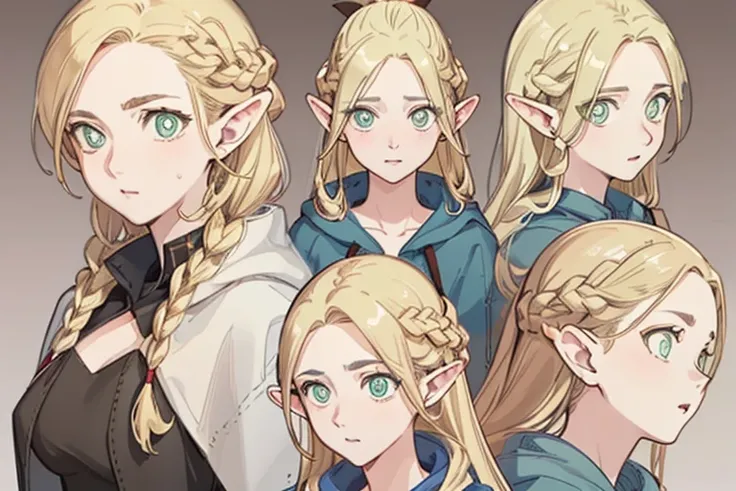 Boots,（all character design test，front，back，Side），Long golden hair，Thick eyebrows, beautiful blonde，（masterpiece），（（Best quality）），（Super detailed），（beautiful eyes beautiful details eyes，Clean and gentle face)