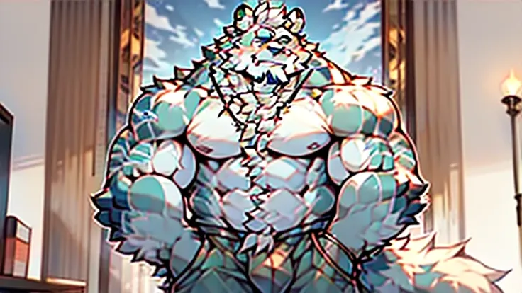 Anthropomorphic wolf，werewolf，man，large pecs，broad shoulderuscular limbs，bare upper body，huge crotch bulge, muscular, large, bearded, facial hair, body hair, chest hair, arm hair, leg hair，full body, grey fur ((high detail，masterpiece，best quality, high de...