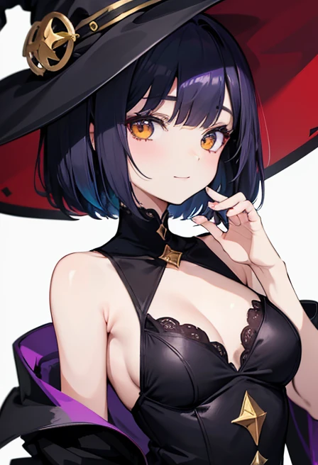 Witchs outfit, Anime-style portrait of a girl with a deep violet bob cut, {Golden eyes}, bright eyes, baby-faced, eye contact with the camera, subtle smile, minimalistic background to emphasize character, high contrast, clean lines, digital painting, vivid...