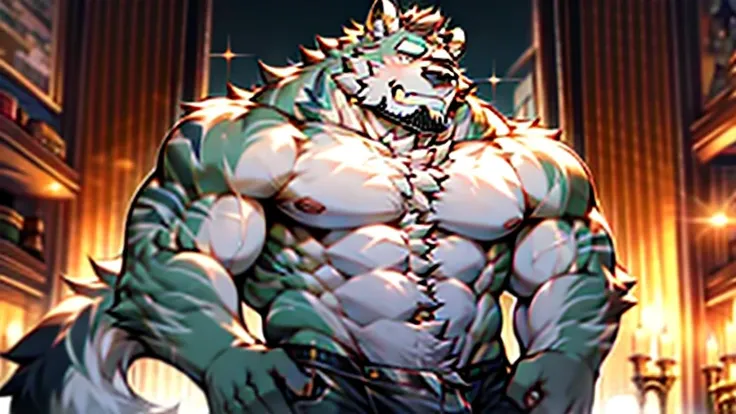 Anthropomorphic wolf，werewolf，man，large pecuscular limbs，bare upper body，broad shoulders, huge crotch bulge, muscular, large, bearded, facial hair, body hair, chest hair, arm hair, leg hair，full body, grey fur ((high detail，masterpiece，best quality, high d...