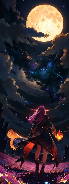 expansive landscape photograph , (a view from below that shows sky above and open field below), a girl standing on flower field looking up, (full moon:1.2), ( shooting stars:0.9), (nebula:1.3), distant mountain, tree BREAK
production art, (warm light sourc...