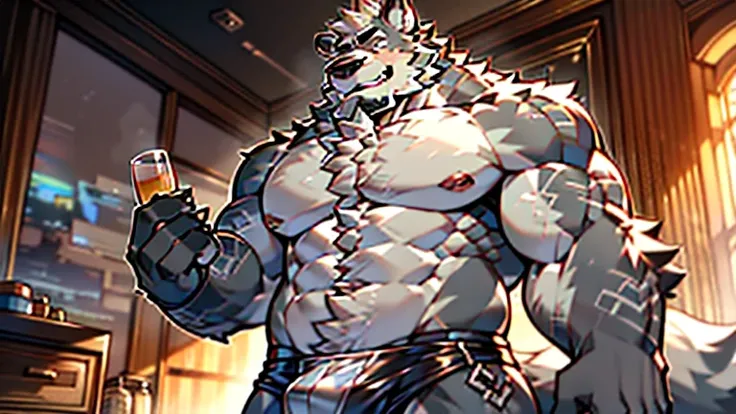 Anthropomorphic wolf，werewolf，man，large pecuscular limbs，bare upper body，broad shoulders, huge crotch bulge, muscular, large, bearded, facial hair, body hair, chest hair, arm hair, leg hair，full body, grey fur ((high detail，masterpiece，best quality, high d...