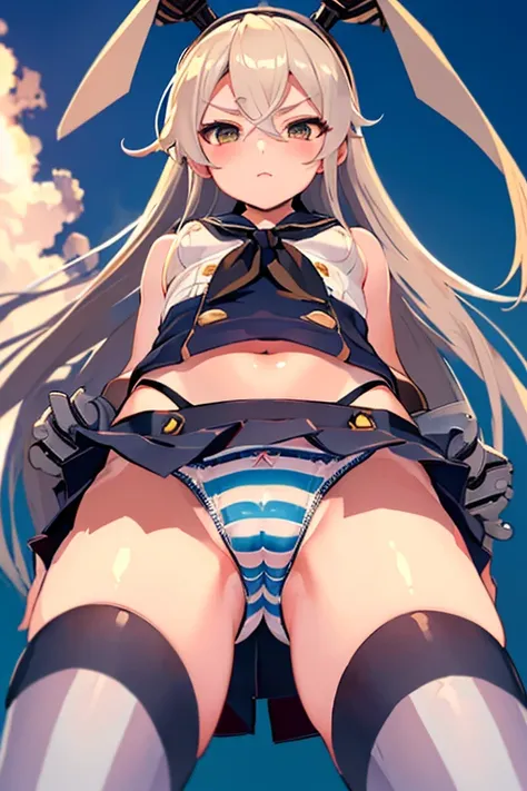 masterpiece, best quality, ultra detailed, ((striped panties)), (cowboy shot, crotch is close-up:1.2, ground-level, from below, mini skirt, KanColle Shimakaze, from front),