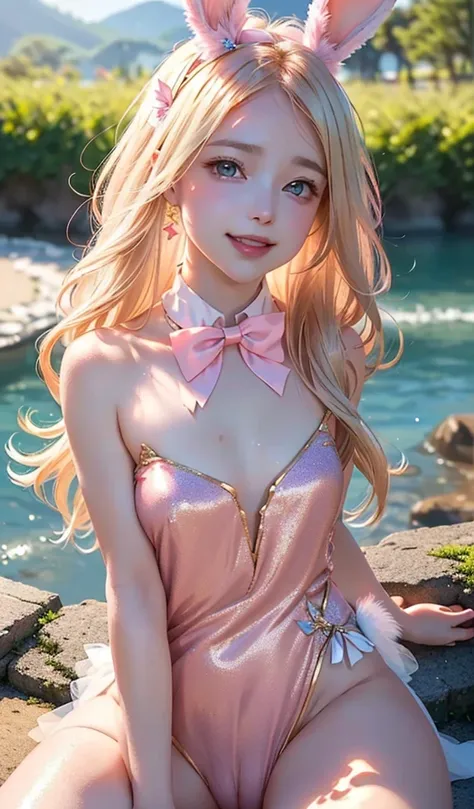 masterpiece, best quality, extremely detailed CG unity 8k wallpaper, (Upper Body head close-up shot of a beautiful little girl), , Elegant Long straight blonde hair, (Mckenna Grace), (flat chest,thighs), (pink-white) golden (Glittering tutu,long Bunny Ear ...