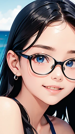 highest quality、realistic、Japanese、girl、zoom、look up、cute、blue eyes、glasses、long hair、black hair、all back、Forehead is coming out、Ocean、light blue swimsuit、joy、Grinning、face close up