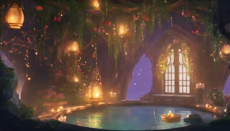 A fairy bathroom surrounded by a dark forest、Creates a quiet and enchanting atmosphere。The dimly lit walls are covered with soft pastel tiles.、It creates an atmosphere of tranquility and mystery.。The intricately carved wooden bathtub、It is filled with brig...