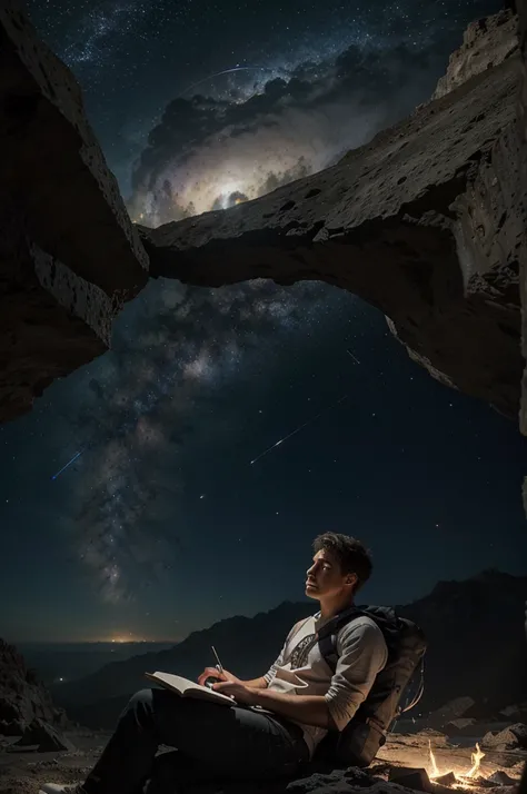 Dibuja un joven programador., sitting on a research platform floating in the middle of an asteroid belt. He is studying with a notebook., rodeado por varios asteroides que brillan con auras de fuego. Spectacular illumination of distant stars and planets il...