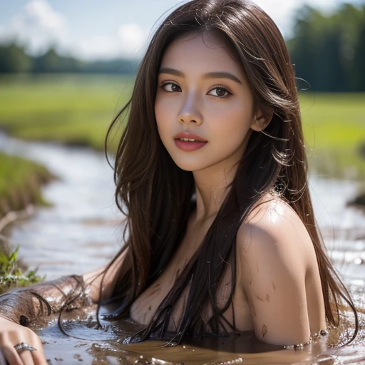 ((Long shot)), beautiful young woman with an extremely long pink curly hair, ((front perspective, bathing nude)) (((in mud river, head and shoulders, facing in front portrait))), careless, smiling, cute, pretty, extremely beautiful, nature ((best quality))...