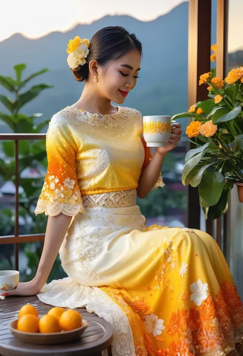 A young woman, 28, wears a Thai dress of yellow, gradient white, gradient gold, gradient orange, embroidered with sequins, lace pattern, flowing fabric, tiered skirt, flower petals with diamonds, bun hairstyle, AI scene on the balcony, sitting holding a co...