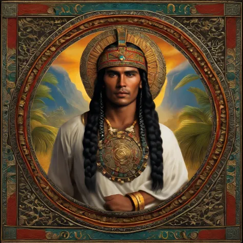 Colombia, year 300 AD, vintage metal embossing in the male native south american style of the time, Cacique Maitamá, 33-year-old man. long, straight black hair down her back. Full-length-type image