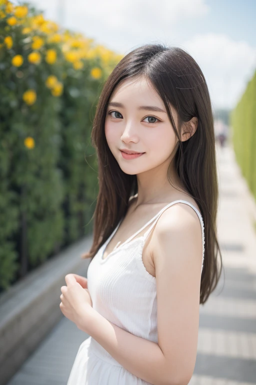 (((whole body 1.4))) ,highest quality, 8K, 15 year old student, teen, Raw photo, award-winning portraits, smile, smile, alone,Are standing,white camisole,mini skirt, noon,In town,idol face, violaces, gardenia, delicate girl, whole body 1.4, Digital single-...