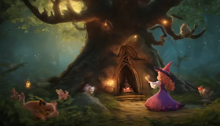 Deep in the forest where the witch lives、Dressed in witch clothes、Incredibly cute and mysterious little animals、award-winning, table top, highest quality, High resolution, 8K、Very realistic、Looks like a photo