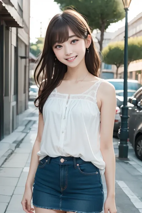 (((whole body 1.4))) ,highest quality, 8K, 15 year old student, teen, Raw photo, award-winning portraits, smile, smile, alone,Are standing,white camisole,mini skirt, noon,In town,idol face, violaces, gardenia, delicate girl, whole body 1.4, Digital single-...