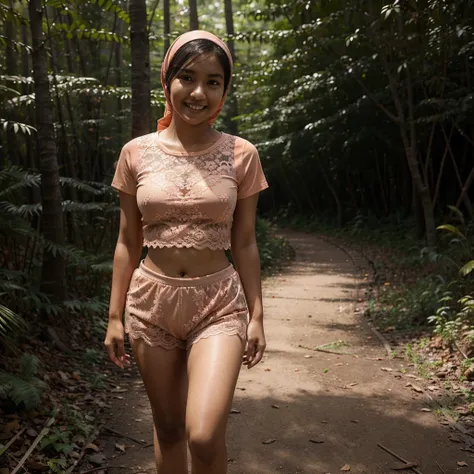 A 18 years old Indonesian woman in peach color hijab, wearing peach color lace tight t-shirt, wearing very short peach color lace shorts, villager, poor woman, darker skin, curvier body, short body, smiling and standing in a dark forest, look to the viewer...