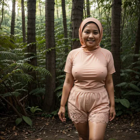 A 52 years old Indonesian woman in peach color hijab, wearing peach color lace tight t-shirt, wearing very short peach color lace shorts, villager, poor woman, darker skin, curvy body, short body, smiling and standing in a dark forest, look to the viewer w...