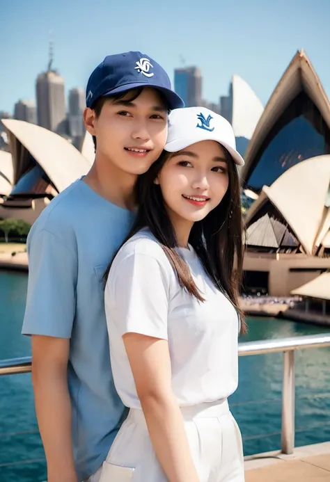 asian couple, 22 year old man with short hair, white levis trousers, snapback hat, wearing white nike shoes. plain white short t...