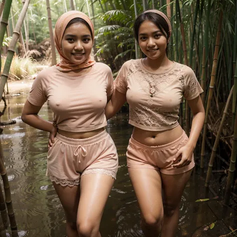 A 18 years old Indonesian woman in peach color hijab, wearing peach color lace tight t-shirt, wearing very short peach color lace shorts, villager, poor woman, darker skin, curvy body, short body, smiling and standing on smaal creek in a bamboo forest, loo...