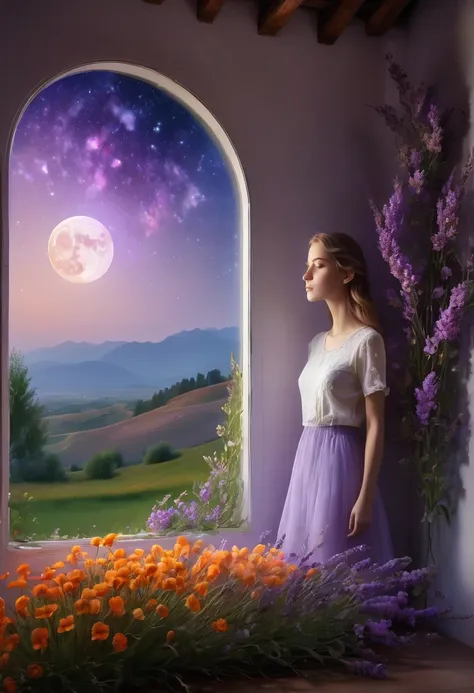 Windows in Roman architectural style，Girl standing by the window，The scenery outside the window，Looking out from the window，vast landscape photos, (A view of the sky and the wilderness below),  Standing in the flower field and looking up, (full moon: 1.2),...