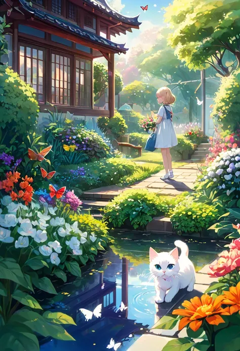 This scene is very fascinating。A girl and a white kitten are in a beautiful garden。 The girl is looking at the white kitten with amusement。The white kitten is having fun trying to catch a butterfly。 The garden is decorated with lush greenery and colorful f...