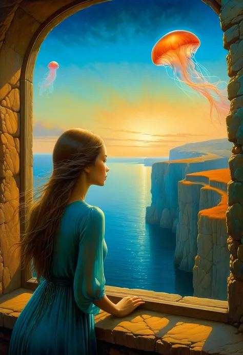 The scenery outside the window，Looking out from the window，Girl looking into the distance at the window，The Faceless Stone Woman on the Bridge，Handheld Light，Background with jellyfish, With the sky as a background, Brome&#39;s Art, Magic  artwork, super fi...