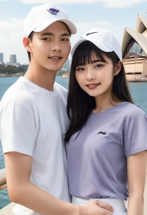 asian couple, 22 year old man with short hair, white levis trousers, snapback hat, wearing white nike shoes. plain white short t...