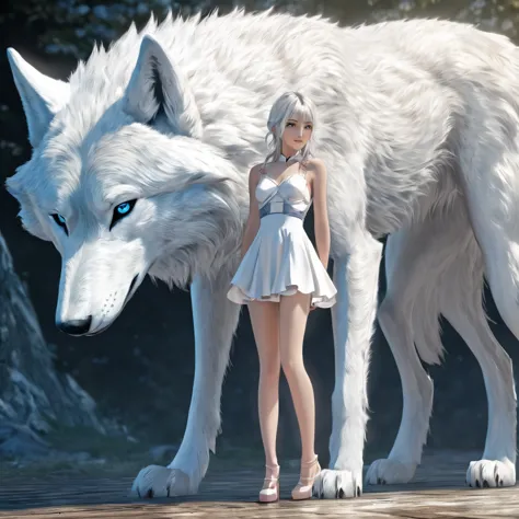 girl posing. alongside a ferocious giant white wolf. seductive style. cute, incredibly feminine. beautiful. anime girl. natural ...