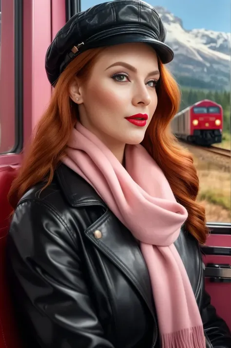 A close-up portrait of a gorgeous, beautiful, stunning russian woman wearing a classy outfit: a black belted leather trench coat, a sweater, and a newsboy cap, and pink scarf. A redhead woman from Russia, delicate red lips, pastel pink skin tone, soft flaw...