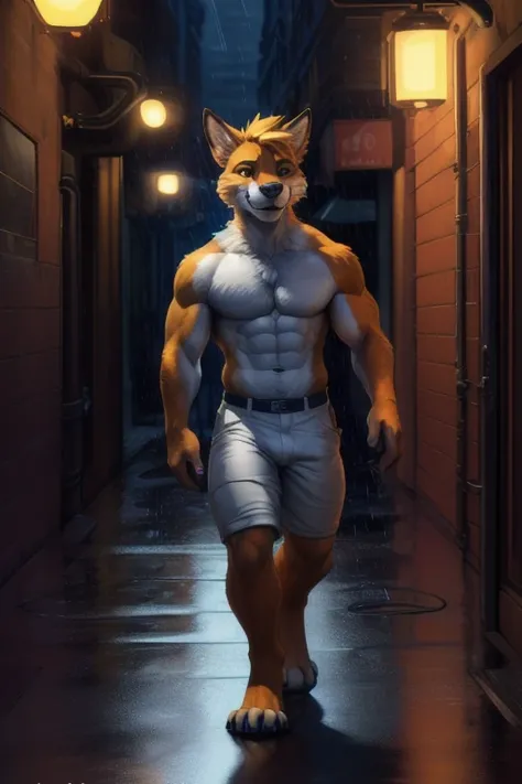 No shirt, shirtless, Male big Uzumaki Naruto muscular ), Walking in a dimly lit NY alleyway in the rain at night , (by Homogenousrule, by Wildering, by Foxovh, by Catcouch), 4k,(by totesfleisch8 and,male, muscular male, muscle 
(( walking in a allyway )),S...