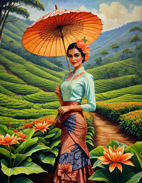 A dutch lady donning kebaya noni and batik skirt with flower motif with the iconic exotic beautiful Tasikmayala paper umbrella, at her tea plantation in Pangalengan, looking at the viewer, cinematic 1924s fashion style, photo realistic oil on canvas painti...