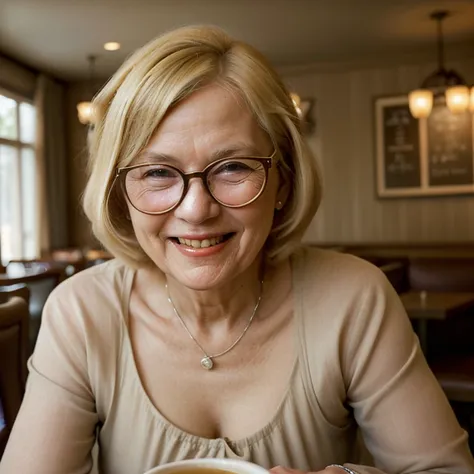 75 years-old woman, old-fashioned, with blonde bob hair, smiling,  wearing a glasses, at a restaurant, realistic