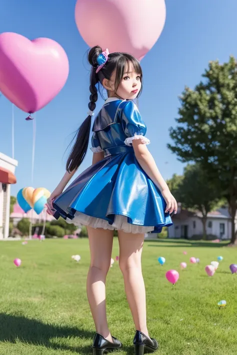 a 11 years old girl, ((having a lot of balloons)) , real photo, (((full body))), (looking back at me), twin tails, (skyblue leat...