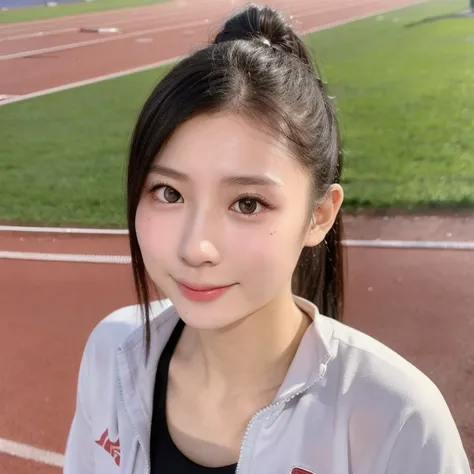 (kawaii 24 year-old Japanese girl, perfect athlete body, Nogizaka idol, Korean idol), (glossy black hair, high ponytail:1.3), (bangs), (rounded face, single eyelid, no makeup, soft smiling:1.2), (wearing track suit:1.3), flat chest, (looking at viewer:1.2)...