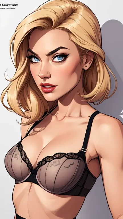 Sensual lingerie outfit Sensual secretary in Artline Yvonne Strahovski Cartoon style with waist to head portrait image with medium to large breasts seductive eyes style sensual lips digital illustration white background sensitive light filter