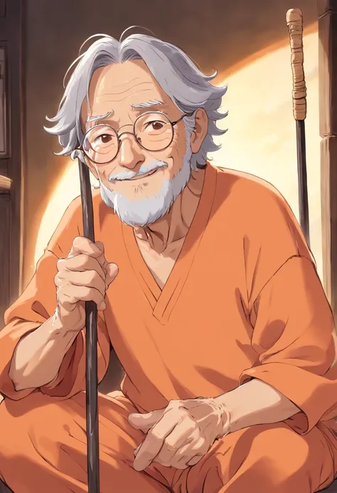 Anime, friendly old wrinkled man, with wavy gray hair, wearing light orange pajamas, wearing silver glasses, wise, and compassionate, with cane.