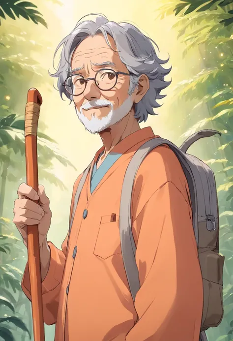 Anime, friendly old wrinkled man, with wavy gray hair, wearing light orange pajamas, wearing silver glasses, wise, and compassionate, with cane.