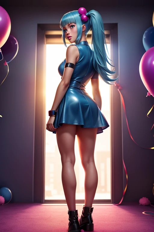 a 11 years old girl, ((having a lot of balloons)) , real photo, (((full body))), (looking back at me), twin tails, (skyblue leather dress), cyberpunk , ((sunlight))