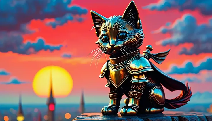 ((top air view)) A cute kitten-knight made of bronze, knight, cyberpunk  crimson sunset, created ((in the style of Albrecht Altdorfer)), Renaissance, pin-dot art,((oil painting knife)), rainessanse older gradient, Complex details, intricate, aesthetics, ((...