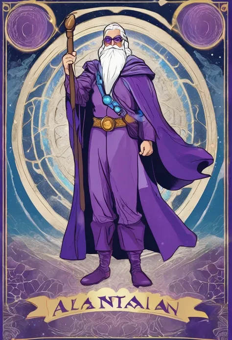 Super hero wizard, powerful, visibly strong mana aura, white hair and white beard, violet and blue clothes, Atlantean staff, background with enchantment seals. Hero pose, 60s photo.