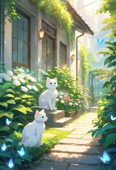 This scene is very fascinating。A girl and a white kitten are in a beautiful garden。 The girl is looking at the white kitten with amusement。The white kitten is having fun trying to catch a butterfly。 The garden is decorated with lush greenery and colorful f...