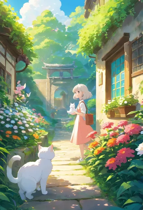 This scene is very fascinating。A girl and a white kitten are in a beautiful garden。 The girl is looking at the white kitten with amusement。The white kitten is having fun trying to catch a butterfly。 The garden is decorated with lush greenery and colorful f...