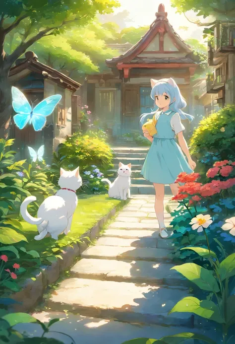 This scene is very fascinating。A girl and a white kitten are in a beautiful garden。 The girl is looking at the white kitten with amusement。The white kitten is having fun trying to catch a butterfly。 The garden is decorated with lush greenery and colorful f...