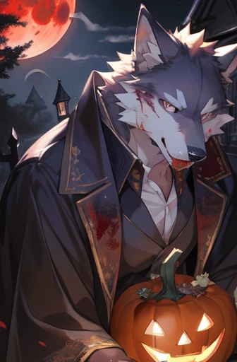 masterpiece, highest quality, bright eyes, by kiyosan, by null-ghost, (Written by Pino Daeni:0.6),
furry, Wolf, vampire costume, multicolored fur, alone, nail, lick your lips, blood on my face,
Halloween, jack o lantern, night, blood moon,