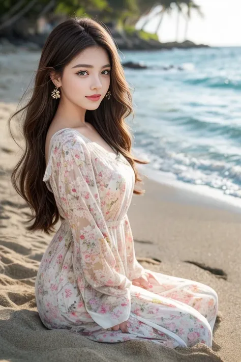 1 girl, hairpin, earrings, jewelry, brown hair, looking at the audience, lips, playful, Sit in front of the artboard, , thigh, whole body, In the sea of flowers or on the beach, She wore a long white dress, Slightly sideways, Hands touching long hair, gent...