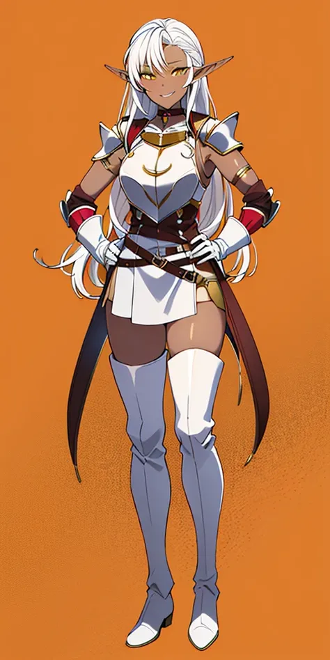 ((orange background)) 1solo DARK SKIN elf, long hair, white hair, yellow eyes, full body, female soldier standing on black background looking at viewer wearing armor and a pair of militar brown boots (breastplate, shiny, armor, thigh highs, high boots, sho...