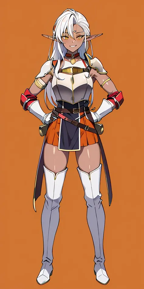 ((orange background)) 1solo DARK SKIN elf, long hair, white hair, yellow eyes, full body, female soldier standing on black background looking at viewer wearing armor and a pair of militar brown boots (breastplate, shiny, armor, thigh highs, high boots, sho...