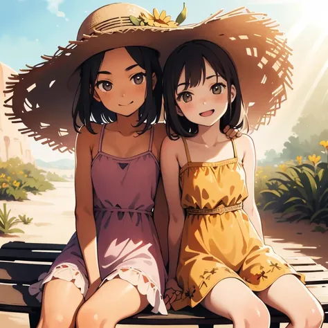 masterpiece, best quality, 2girls, (closeup), 18yo teen, slim, small breast, short light sundress, summer hat, sitting, on a bench in a desert, hugging, lode, smile, flood, wasteland, colorfull, desolate, sunny, (sun rays:1.3), watercolor,