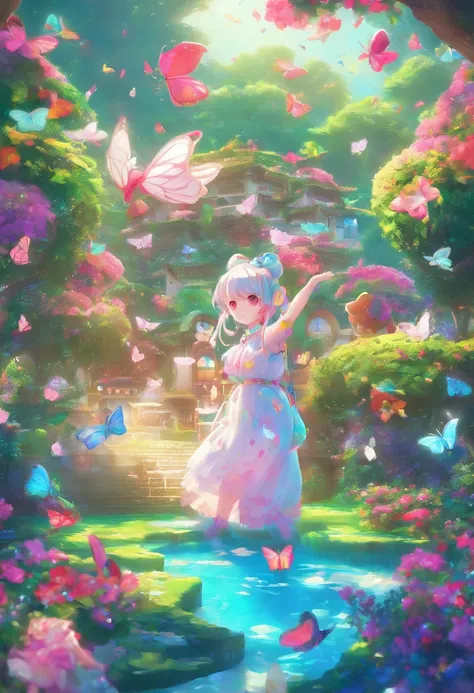 This scene is very fascinating。A girl and a white kitten are in a beautiful garden。 The girl is looking at the white kitten with amusement。The white kitten is having fun trying to catch a butterfly。 The garden is decorated with lush greenery and colorful f...