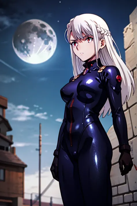  illyasviel_von_einzbern in the style of evangelion, shiny_skin, (clothe inspired by evangelion, aliens, gunbuster, gunnm, metal gear, death stranding), impossible_clothes, bodysuit, white & red bodysuit, suit, pilot suit, jumpsuit, plugsuit, armor, shiny_...